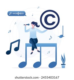 Una cantante se sienta en grandes notas y canta canciones. Autor musical con el cartel del Derechos de autor. Autoría, protección de la Propiedad intelectual. Patente para la propiedad de productos musicales. Ilustración vectorial