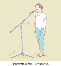 woman singer and standing mice, hand drawn style vector design illustrations.