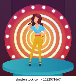 Woman singer star singing pop song with microphone standing on circle modern stage with lamps vector illustration.