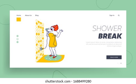 Woman Singer Training in Bath Fooling and Relax Landing Page Template. Female Character Wrapped to Towel Singing in Bathroom in Hair Dryer. Shower Performing with Fan. Linear Vector Illustration