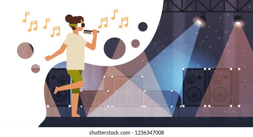 woman singer wear virtual reality glasses hold microphone on stage with light effects disco studio musical equipment vr vision headset innovation concept flat horizontal