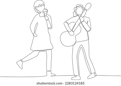 A woman singing accompanied by guitar. Music band one-line drawing