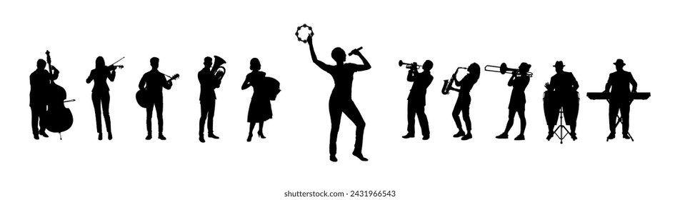 Woman singing accompanied by music played by a group of musicians vector silhouettes. Female singer performing song with street musicians playing various musical instruments silhouette set.