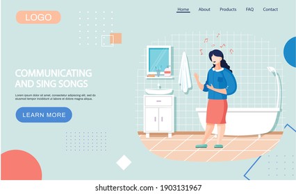 Woman singing in bathroom. Landing page template with girl stands near bathtub and washbasin, signs of musical notes. Girl loves to sing, resting relaxes at home after shower, creative person