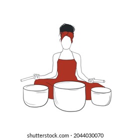 Woman with singing bowls. Meditation. Outline vector female hand drawn  silhouette