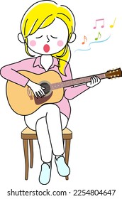 The woman singing with a guitar isolated on white background