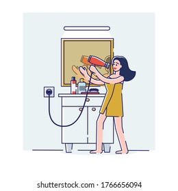 Woman singing in hair dryer. Happy cartoon girl in towel positive and cheerful after having bath performing song using hair dryer as microphone in bathroom. Linear vector illustration