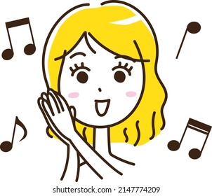 A woman singing with her hands together or applauding