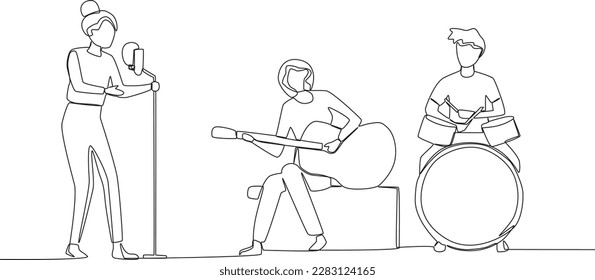 A woman singing and her two friends playing music. Music band one-line drawing