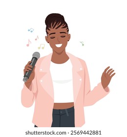 Woman singing holding microphone. Flat vector Character Illustration