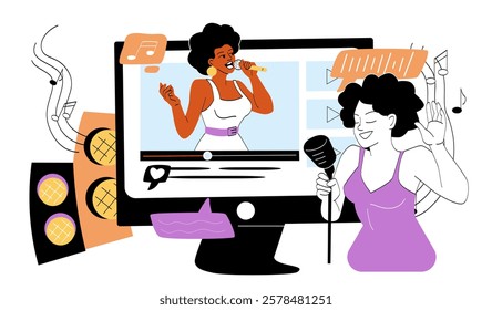 A woman singing into a microphone, another on a screen performing. Vibrant colors, white background. Concept of online music streaming and creativity. Vector illustration