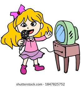 woman singing karaoke happily. cartoon illustration sticker mascot emoticon