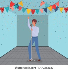 woman singing with microphone character