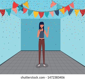 woman singing with microphone character