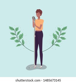 woman singing with microphone character