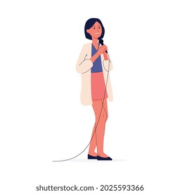 Woman singing in microphone, flat vector illustration isolated on white background. Female cartoon character of music festival performer or concert singer.