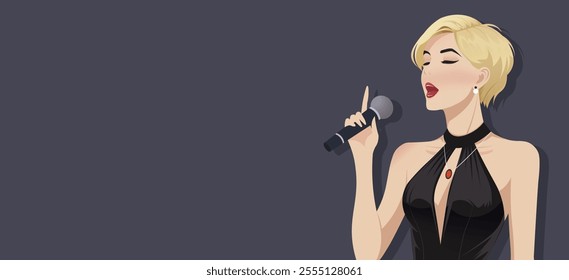 Woman singing with microphone in hand on dark background. Vector illustration