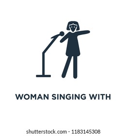 Woman Singing with Microphone icon. Black filled vector illustration. Woman Singing with Microphone symbol on white background. Can be used in web and mobile.