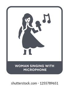 woman singing with microphone icon vector on white background, woman singing with microphone trendy filled icons from Ladies collection, woman singing with microphone simple element illustration