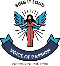 A woman singing with a microphone and wings in the style of sign illustrations