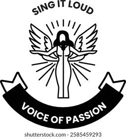 A woman singing with a microphone and wings in the style of sign illustrations