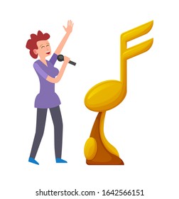 Woman singing in microphone wishing to get golden trophy on music festival. Isolated karaoke singer and note award symbol vector, prize for best song