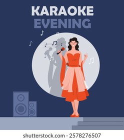 Woman singing on a karaoke stage holding a microphone, with musical notes and shadow in the background, vibrant colors, blue backdrop. Entertainment concept. Vector illustration