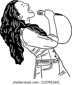 Mujer cantando en el micrófono Karaoke party Relax time Hand dibujar la línea Ilustración