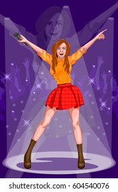 Woman singing on microphone in Music band performance. Vector illustration