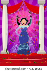 The woman is singing on stage.Vector illustration.