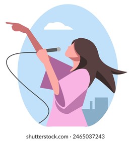 woman singing, solo vocalist, pop, rock, jazz, music. suitable for musical themes. flat vector illustration.