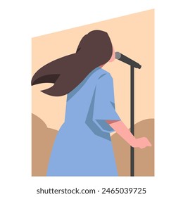 woman singing, solo vocalist, pop, rock, jazz, music. suitable for musical themes. flat vector illustration.