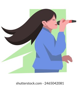 woman singing, solo vocalist, pop, rock, jazz, music. suitable for musical themes. flat vector illustration.