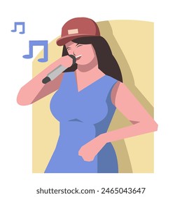 woman singing, solo vocalist, pop, rock, jazz, music. suitable for musical themes. flat vector illustration.