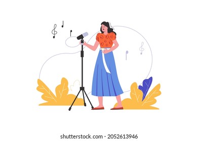 Woman singing while standing in front of microphone. Young girl performing song at karaoke, people scene isolated. Artist performance at event concept. Vector illustration in flat minimal design