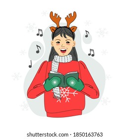 Eine Frau singt Weihnachtslieder. Vektorgrafik. Einziger Hintergrund.