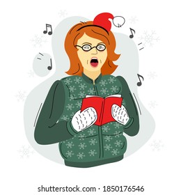 Eine Frau singt Weihnachtslieder. Vektorgrafik. Einziger Hintergrund.