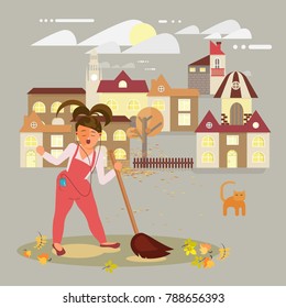 Woman sings, cleaning and raking leaves. Contributing into environment preservation. Ecology concept with people protect nature. Character volunteer female, Flat vector illustration eps 10.