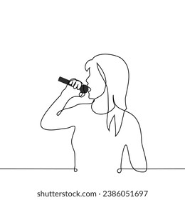 woman sings into a microphone while standing in profile - one line art vector. concept singer, live performance