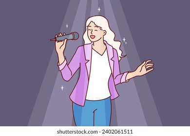 Woman sings karaoke holding microphone and enjoying creative hobby during party in nightclub. Girl visits karaoke bar and sings favorite songs standing in spotlight and dreaming of becoming celebrity.