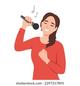 Woman sings in karaoke standing near friends covering ears due to unbearable voice or high volume. Girl suffering from stress performs songs in Karaoke, preventing people around from relaxing