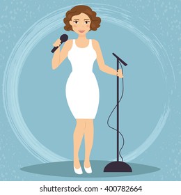Woman sings on stage. Vector isolated illustration. Cartoon character.