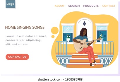 Woman sings song. Girl sits on doorstep of her house with guitar. Person creates music. Female character playing musical instrument. Musician plays strings on instrument. Guitarist resting on porch