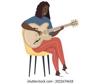 Woman sings song. Girl sits on chair playing guitar. Person creates music isolated on white. Female character uses musical instrument. Musician plays strings on instrument. Guitarist making melody