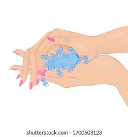 Woman at the sink washes his hands with soap. Vector illustration
