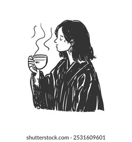 Woman Sipping Hot Beverage - Hand-Drawn Line Art. Black and white line art of a woman enjoying a hot drink. Perfect for cozy lifestyle designs, cafe menus, or beverage-themed projects.