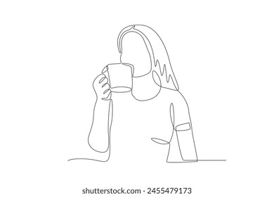 Woman sipping morning coffee. Coffee morning concept one-line drawing