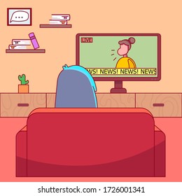 Woman sit at armchair or sofa and  watching a news channel, important info. Female, girl is stay at home and watch news about the situation in the world. Interior of room. 