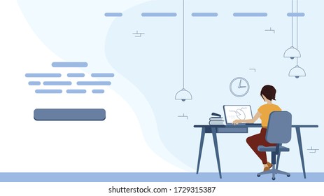 Woman sit back, work at the computer, Female and work space. Example for web page