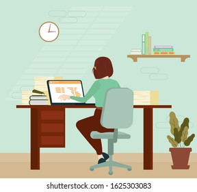 Woman sit back work space office worker computer business person type text laptop illustration 
